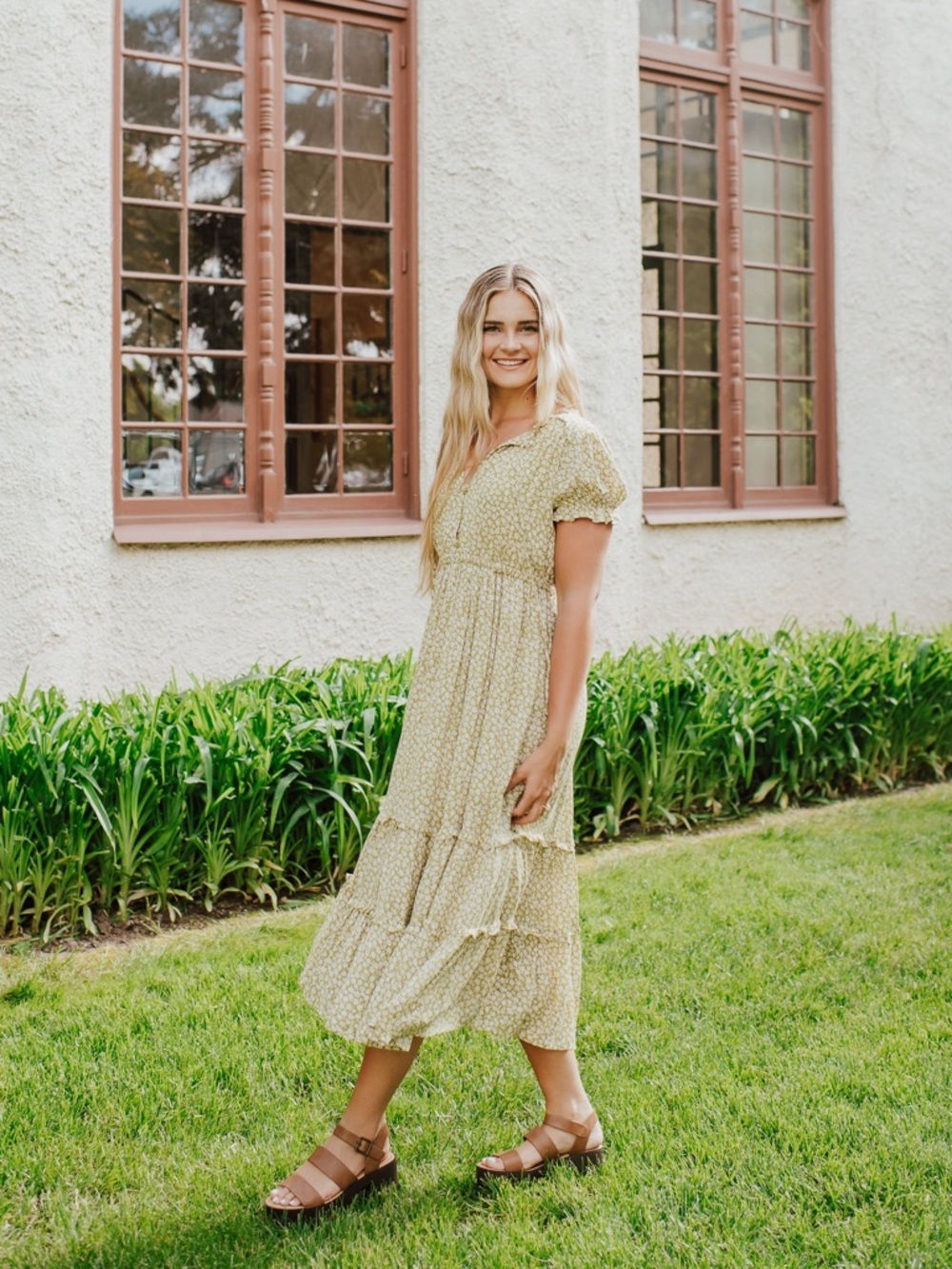 Smocked Waist Sage Green Floral Tiered Midi Dress
